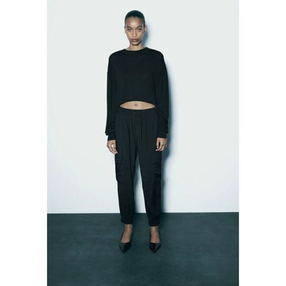 Zara Womens Elastic Waist Drawstring Cargo Jogger Pants Slouch Size Medium Black - Picture 1 of 7